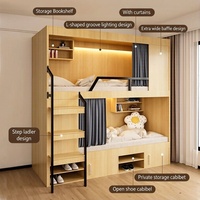 Lit superposé moderne en forme de L avec éclairage intégré, échelle, armoire à chaussures, rideau, lit superposé pour enfants 2 places avec rangement complet