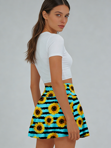 Jupe courte évasée décontractée pour femme, taille haute, imprimé tournesol rayé turquoise et noir, style skater, coupe trapèze, idéale pour l'été - Product Image 4