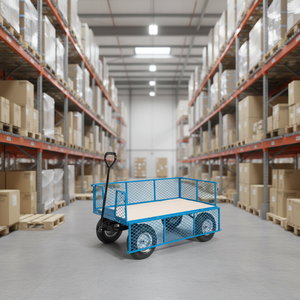 Carretilla de plataforma de alta resistencia con laterales de malla y ruedas neumáticas para uso en transporte industrial y almacenes - Product Image 3