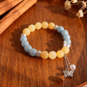 Bracelet en calcite jaune naturelle et angélite avec <span class=keywords><strong>perle</strong></span> naturelle et breloque papillon, bracelet en pierres précieuses réglable pour femmes - Product Image 1