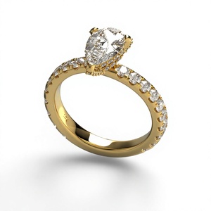 แหวนหมั้นเพชรเม็ดเดี่ยวทรงลูกแพร์เคลือบทอง 18K 14K เพชรเพาะเลี้ยง ประดับเพชรเม็ดกลมแบบไมโครเพฟ ดีไซน์คลาสสิกสำหรับผู้หญิง - Product Image 3