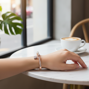 Braccialetto di moda in acciaio inox placcato oro rosa braccialetto di pietra CZ con fascino abbagliante - Product Image 3