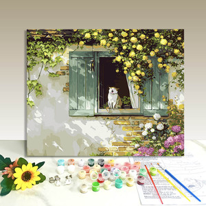 Rose and Cat Paint by Numbers Canvas Kit Rectangle Modern Handmade Digital Printing Portrait Art DIY Hanging Scroll - Product Image 1