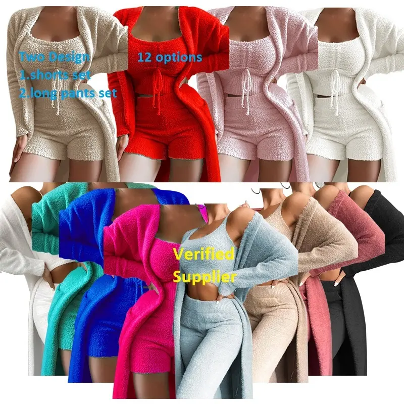 Plush Furry Coat Cozy Soft Womens Loungewear 3 Piece Pj Matching Set Fleece Warm Fluffy Robes Pajama Sets Women Lounge Wear Sets