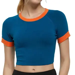 new styles plain cotton t shirts for women solid ringer cropped baby tees sexy women fitness crop top t shirt