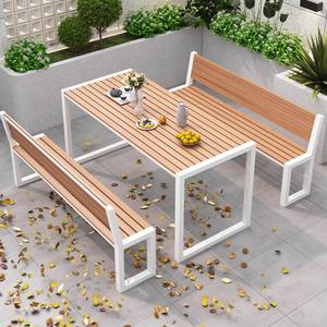 Juego de comedor de lujo para todo tipo de clima, mesas de <span class=keywords><strong>Picnic</strong></span>, muebles de exterior, sillas y mesa de café de acero y metal de madera WPC para fiestas públicas - Product Image 4