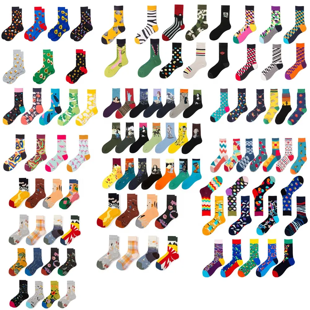 100 Design custom funny patterned art fashion colorful cotton crew unisex happy socks men