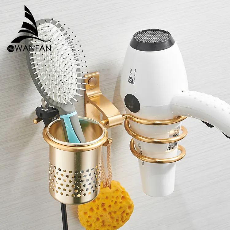9248 Bathroom Accessories hot selling Metal Hair Dryer Rack With Cup Wall Mount Gold Hair Dryer holder/rack hair dryer holder