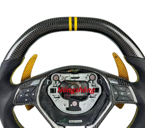 Volant en fibre de carbone personnalisé pour <span class=keywords><strong>Mercedes</strong></span> Benz modèles W204C63 W212 W218 W205 W222 W221 avec palettes de changement de vitesse jaunes - Product Image 5