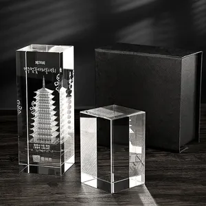 Shining High-end Custom Clear Cube Blank Glass K9 3d Laser Engraving Tower Crystal Cube With Light Led Base