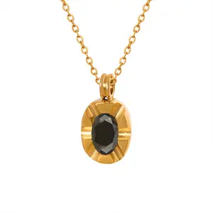 Kalung liontin zirkon hitam baja tahan karat, perhiasan modis Oval berlapis emas 18k tidak pudar untuk wanita