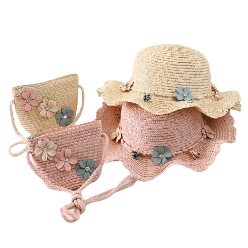 2021 koreli çocuklar sevimli saman yaz plaj şapkası ve çanta seti çocuklar için