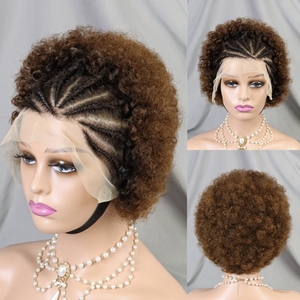 Perruque Courte Bob Pixie Cut <span class=keywords><strong>Afro</strong></span> Crépu Bouclé en Cheveux Humains Ginger Orange avec Tresses, Perruque Frontale en Dentelle Transparente 13x4 pour Femmes - Product Image 6
