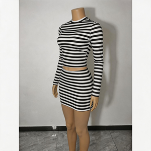 Conjunto de Dos Piezas para Mujer, Top de Manga Larga a Rayas Blancas y Negras, <span class=keywords><strong>Falda</strong></span> Midi, Estilo Casual para Salir de Fiesta, Suave y Elástico, <span class=keywords><strong>con</strong></span> Logotipo Personalizado - Product Image 5