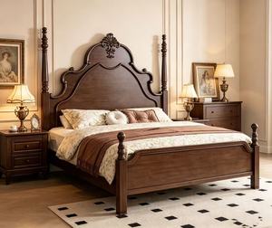 Premium Queen Size Solid Wood Carved Spindle <b>Bed</b> With Ornate Tall Headboard For Vintage Bedroom - Product Image 1