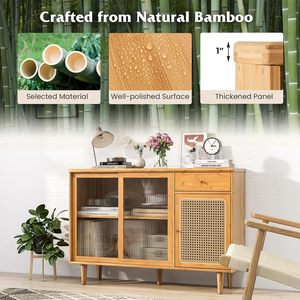 Buffet LOKO moderne en bambou avec portes coulissantes en verre trempé et portes en rotin, bar à café bohème pour salon - Product Image 6