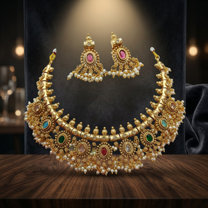 South Indian Ethnic Antique Matte Gold Plated High Quality Wedding Choker Necklace Ruby Gemstone Oval Pearl Clusters Matching - Product Image 2
