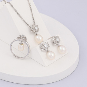 En stock S925 plata esterlina conjunto de perlas de agua dulce con circón Rosa DIY accesorios al por mayor joyería de las mujeres - Product Image 5