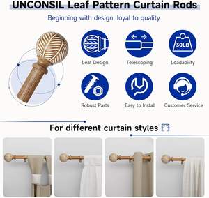 Tringle à rideau en bois robuste de 25mm de diamètre réglable 28 \ "84 \" Embouts à motif de feuille de grain de bois similaires pour fenêtres - Product Image 5