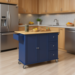 Carrito de Cocina Rodante con Tapa de Madera Maciza Azul Oscuro, con Hoja Abatible y Ruedas con Bloqueo, Gabinete de Almacenamiento de 52.7 Pulgadas - Product Image 2