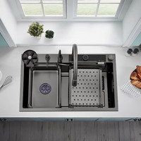 Évier de cuisine contemporain en acier inoxydable, carré, quatre trous, fait main, sans robinet, cuve unique, noir