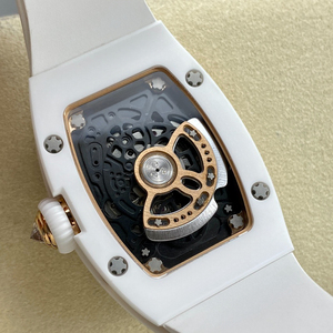 Women's white ceramic mechanical <b>watch</b> with red moissanite-<b>set</b> rubber strap - Product Image 6