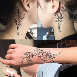Tatouages temporaires imperméables pour femmes, <span class=keywords><strong>cou</strong></span>, bras - Noir, petite branche, <span class=keywords><strong>rose</strong></span>/tournesol, plantes sauvages, tatouages autocollants personnalisables - Product Image 3