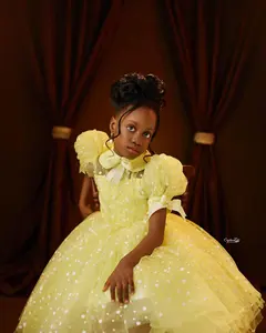 <span class=keywords><strong>Chic</strong></span> jaune fleur fille robes col haut à manches courtes princesse Tulle petites filles fête d'anniversaire <span class=keywords><strong>robe</strong></span> de reconstitution historique - Product Image 6