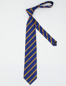 Cravate en soie de 8,5 cm de large, bleu royal, à rayures dorées, ensemble avec pochette et boutons de manchette pour homme - Product Image 4