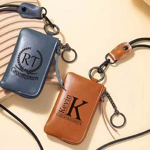 Personalised Vintage Fashion Hanging Neck Wallets Laser Engraved Keychain Lanyard Card Holder <b>Soft</b> PU <b>Leather</b> Mini Coin <b>Purse</b> - Product Image 2