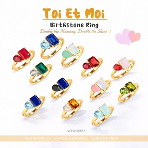 Anillo de Piedra de Nacimiento Toi Et Moi |   Anillo Abierto Ajustable de Acero Inoxidable Chapado en Oro PVD de 18K con Dos Piedras de Circonio |   Impermeable y Resistente al Deslustre - Product Image 1