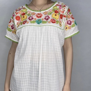 OEM Women's Casual Cotton Blouse With Short Sleeves O Neck Custom Embroidery Blouse - Product Image 1
