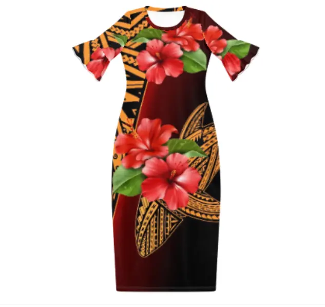 Groothandel Ware Maat Xxxxxl Jurk Samoan Polynesische Puletasi Kastanjebruine Vrouwen Jurk Pacific Eiland Plus Size Casual Bloemen Maxi Jurk