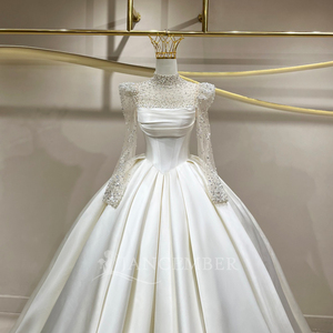 JFH98 Vestido de Novia Clásico Moderno de Satén con Cuello Alto, Lentejuelas, Cola de Capilla, Encaje, Flores de Cristal y Apliques para Boda - Product Image 3