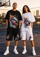 Ensemble deux pièces streetwear d'été pour homme : T-shirt respirant en mélange de coton tricoté à imprimé numérique motif néon Piranha et short