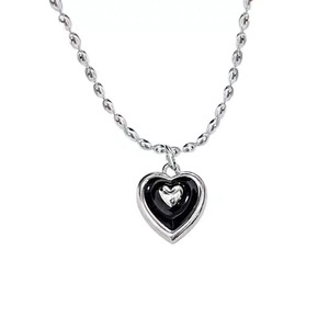 S925 Sterling Silver <b>Heart</b> Necklace <b>Black</b> Glaze Design Clavicle Chain Fashionable Light Luxury Jewelry Gift - Product Image 5