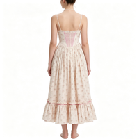 Vestido Midi Corsé Floral Vintage con Tirantes Finos, Ribete de Encaje, Lazo Rosa y Falda con Volantes Escalonados, Estilo Dulce Cottagecore para Fiesta de Verano para Mujer
