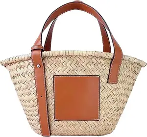 Sacola de Cesta De Palha para As Mulheres PU Leather Strap Oco Tecido Top Handle Palha Bolsas e Bolsas