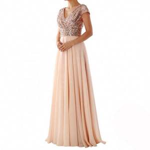 舞会礼服长晚礼服帝国腰加大码帽袖v领亮片褶边雪纺玫瑰伴娘婚礼香槟 - Product Image 1