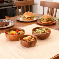 Ensemble de saladiers en bois d'acacia massif naturel, assiettes rondes en bois pour servir les fruits, les légumes, les pâtes, vaisselle de table pour la cuisine