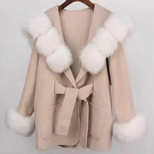 2024 new autumn winter big pockets women's short fur wool and cashmere coat warm hooded real fox fur jacket for winter