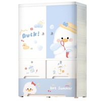 Armoire de rangement pour enfants en plastique avec dessins animés, roulettes, double porte, tiroirs et tringle de suspension