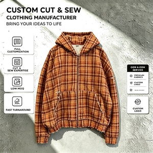 OEM Custom Cut And Sew Plaid Cropped <b>Zip</b> <b>up</b> Hoodies Distressed Frayed Hem Streetwear Hooded Sweatshirt Zipper Hoodie Factory - Product Image 1