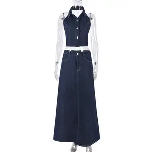 2024 Wholesale Jeans Sexy 2 Piece Sets For Women Halter Backless CropTop Matching Elastic Maxi Skirt Women Denim Set