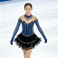 Robe de patinage artistique bleu-noir à manches longues en maille avec strass, jupe à volants en dentelle pour enfants et adultes, pour compétition et performance
