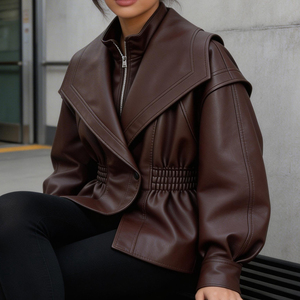 OFTBUY Veste en cuir PU pour <span class=keywords><strong>femme</strong></span>, col montant, élégante, style moto, manteau trench, vêtement d'extérieur, streetwear, printemps automne - Product Image 3
