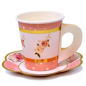 Nicro 24 шт. на день рождения золотой фольги розовый столовых принадлежностей одноразовые чаепития чашки с ручкой бумажная Подарочная коробка с цветочным рисунком в форме пластины набор