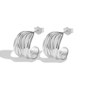 Fashion Design S925 Silver Rhodium Plated Hypoallergenic Geometric Semicircle Interlace Folds Fine Jewelry Stud Earrings