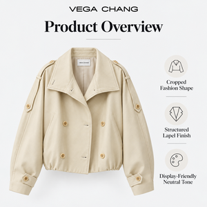 Giacca Moto Corta <span class=keywords><strong>Beige</strong></span> con Risvolto Strutturato, Doppiopetto, Spalline con Epaulet, Capospalla <span class=keywords><strong>Corto</strong></span> Minimalista, <span class=keywords><strong>Cappotto</strong></span> Funzionale - Product Image 3