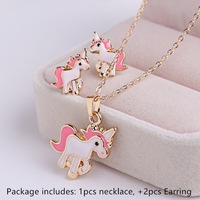 Offre Spéciale : Ensemble de Bijoux Rose Thème Animalier pour Enfants – Collier et Boucles d'Oreilles Licorne Cheval de Dessin Animé pour Filles
